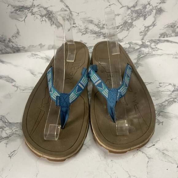 LL Bean Women 10 Flip Flop Sandals Blue Printed Open Toe Outdoor Thick Sole Shoe - Picture 2 of 6